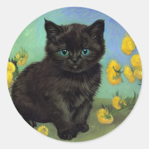 Van Gogh Black Cat Yellow Flowers Classic Round Sticker