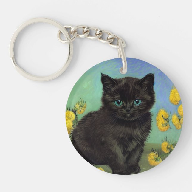 Van Gogh Black Cat Yellow Flowers Key Ring (Front)