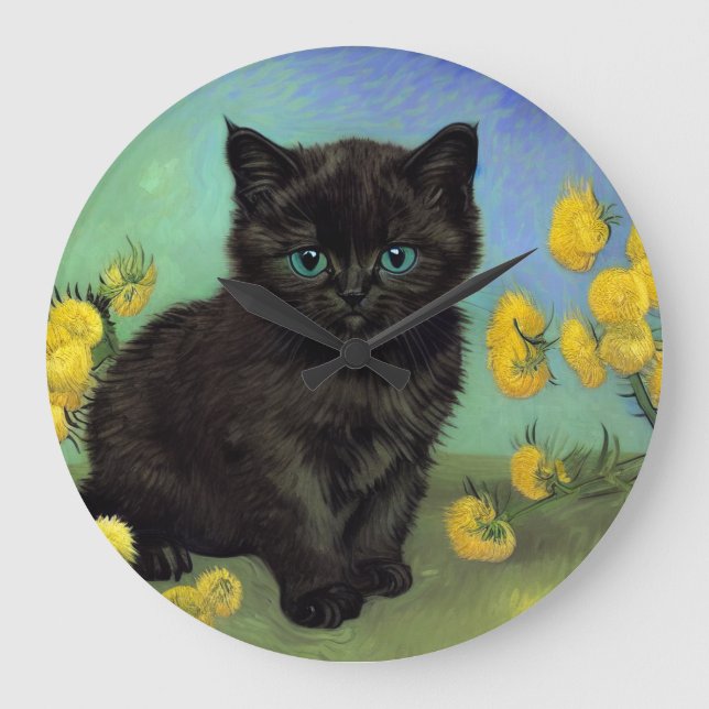 Van Gogh Black Cat Yellow Flowers Large Clock (Front)