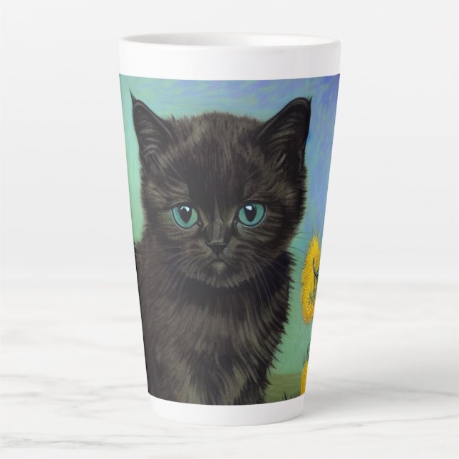 Van Gogh Black Cat Yellow Flowers Latte Mug (Front)