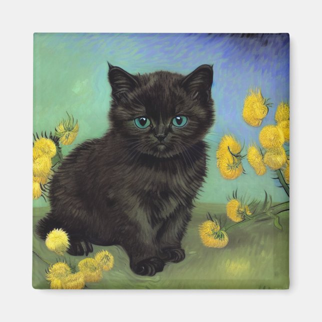 Van Gogh Black Cat Yellow Flowers Magnet (Front)