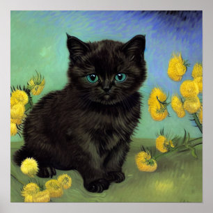 Van Gogh Black Cat Yellow Flowers Poster