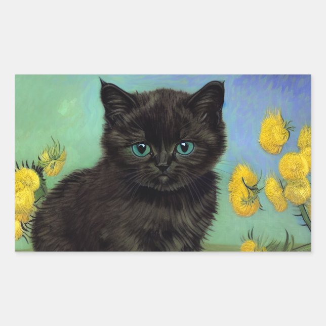 Van Gogh Black Cat Yellow Flowers Rectangular Sticker (Front)