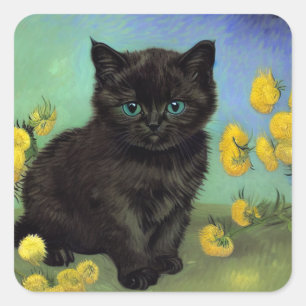 Van Gogh Black Cat Yellow Flowers Square Sticker