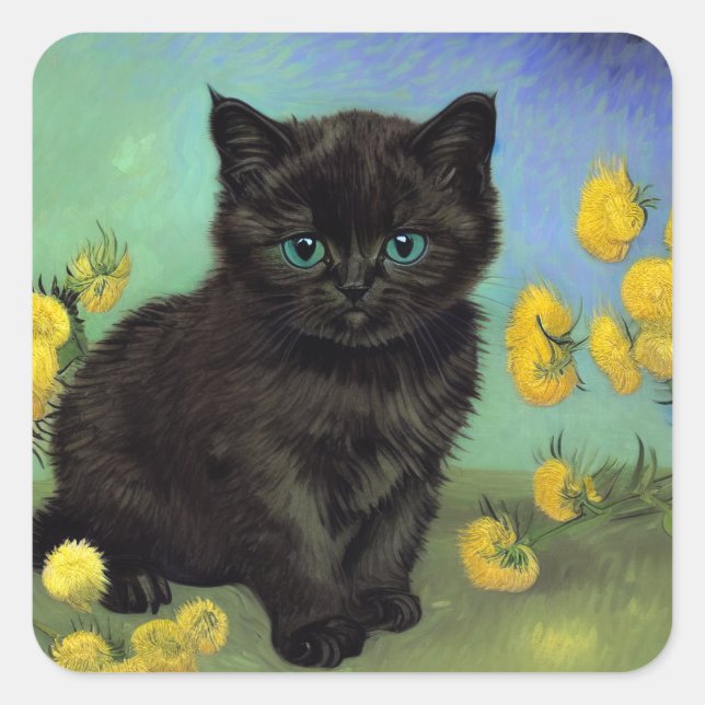 Van Gogh Black Cat Yellow Flowers Square Sticker (Front)