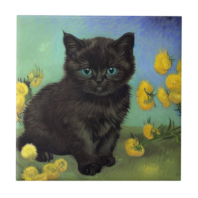 Van Gogh Black Cat Yellow Flowers Tile (Front)