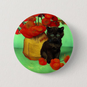 Van Gogh Black Kitten Red Flowers 6 Cm Round Badge