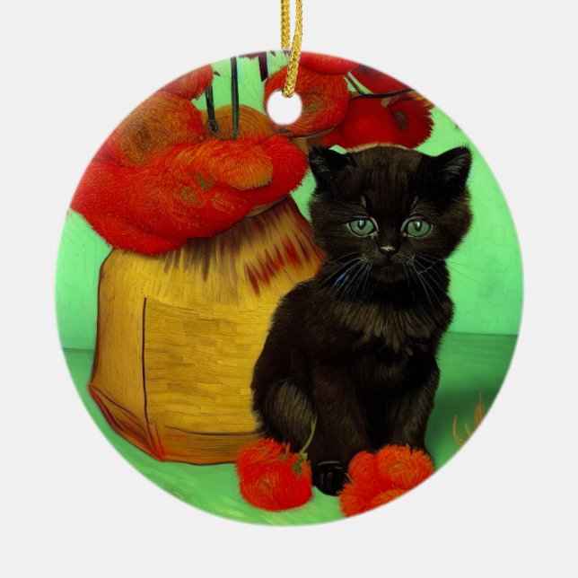 Van Gogh Black Kitten Red Flowers Ceramic Tree Decoration (Front)