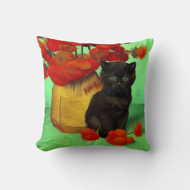 Van Gogh Black Kitten Red Flowers Cushion (Front)