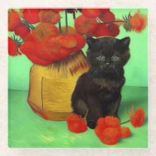 Van Gogh Black Kitten Red Flowers Glass Coaster