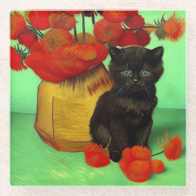 Van Gogh Black Kitten Red Flowers Glass Coaster (Front)