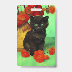 Van Gogh Black Kitten Red Flowers ID Badge