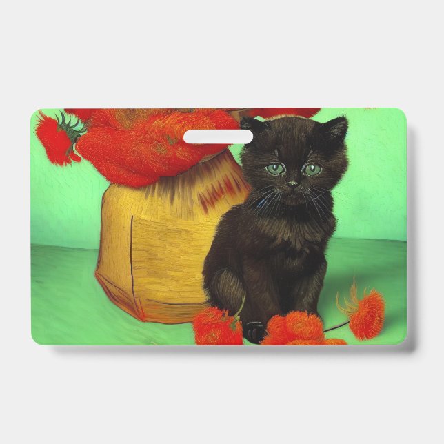 Van Gogh Black Kitten Red Flowers ID Badge (Front)