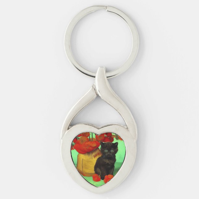 Van Gogh Black Kitten Red Flowers Key Ring (Front)