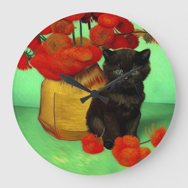 Van Gogh Black Kitten Red Flowers Large Clock (Front)