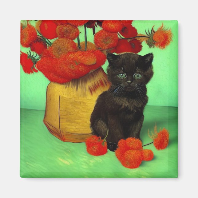 Van Gogh Black Kitten Red Flowers Magnet (Front)