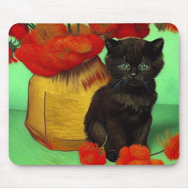 Van Gogh Black Kitten Red Flowers Mouse Pad (Front)