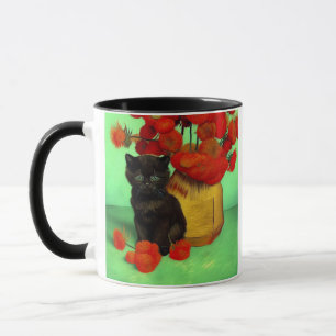 Van Gogh Black Kitten Red Flowers Mug