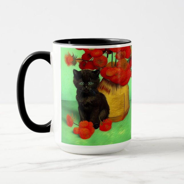 Van Gogh Black Kitten Red Flowers Mug (Left)