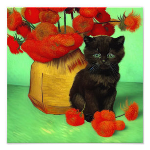 Van Gogh Black Kitten Red Flowers Photo Print