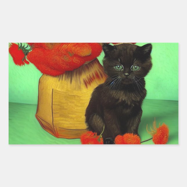 Van Gogh Black Kitten Red Flowers Rectangular Sticker (Front)