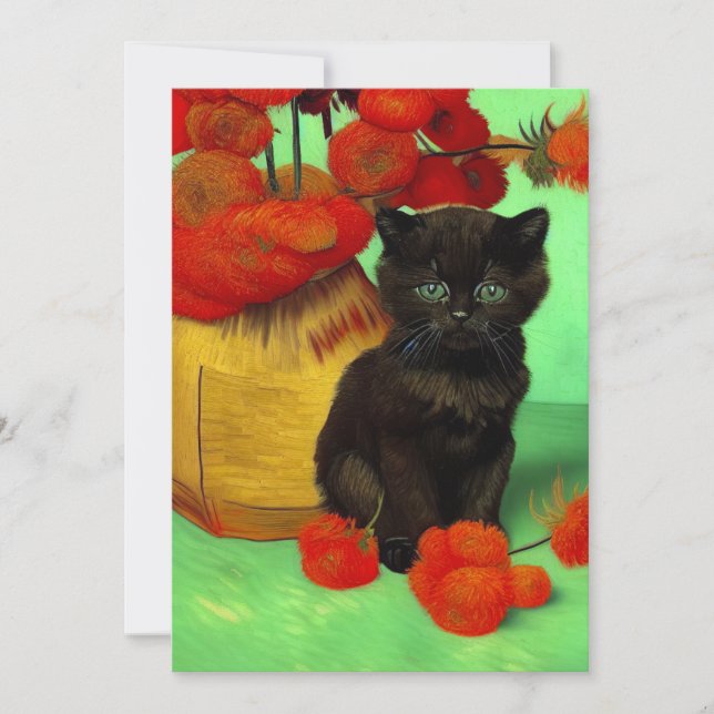 Van Gogh Black Kitten Red Flowers Save The Date (Front)