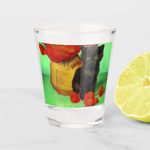 Van Gogh Black Kitten Red Flowers Shot Glass