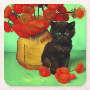 Van Gogh Black Kitten Red Flowers Square Paper Coaster
