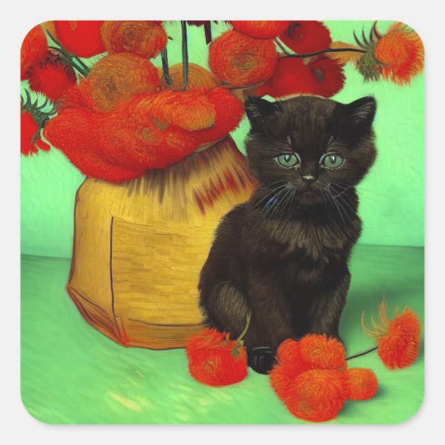 Van Gogh Black Kitten Red Flowers Square Sticker (Front)