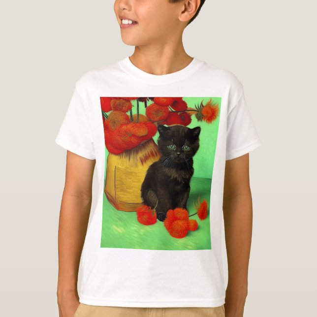 Van Gogh Black Kitten Red Flowers T-Shirt (Front)
