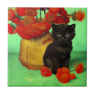Van Gogh Black Kitten Red Flowers Tile