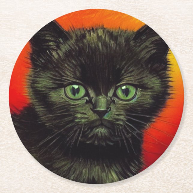 Van Gogh Black Kitten Round Paper Coaster (Front)