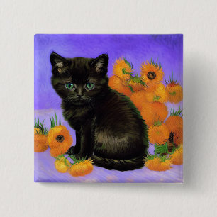 Van Gogh Black Kitten with Sunflowers 15 Cm Square Badge