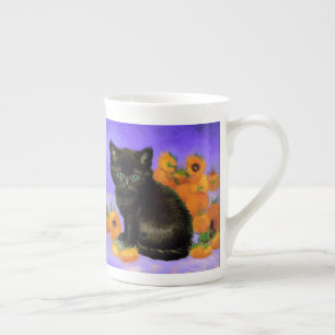 Van Gogh Black Kitten with Sunflowers Bone China Mug