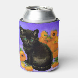 Van Gogh Black Kitten with Sunflowers Can Cooler
