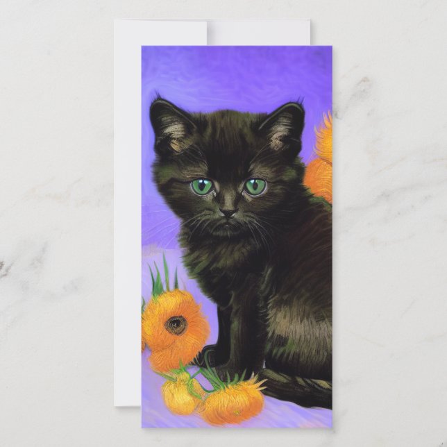 Van Gogh Black Kitten with Sunflowers Card (Front)
