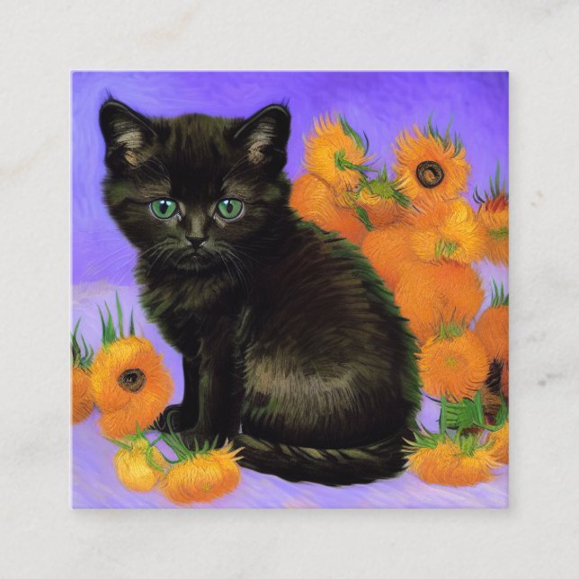 Van Gogh Black Kitten with Sunflowers Enclosure Card (Front)