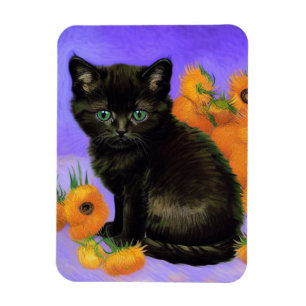 Van Gogh Black Kitten with Sunflowers Magnet