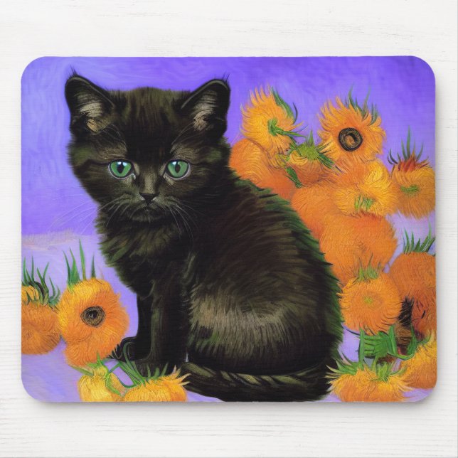 Van Gogh Black Kitten with Sunflowers Mouse Pad (Front)