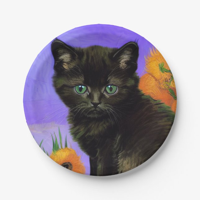 Van Gogh Black Kitten with Sunflowers Paper Plate (Front)