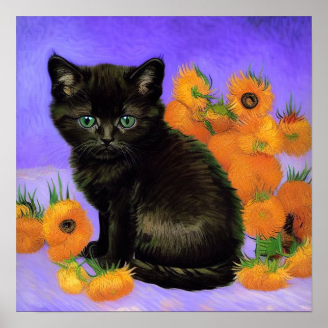 Van Gogh Black Kitten with Sunflowers Poster (Front)