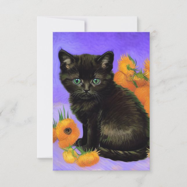 Van Gogh Black Kitten with Sunflowers RSVP Card (Front)