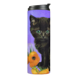 Van Gogh Black Kitten with Sunflowers Thermal Tumbler
