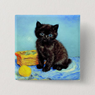 Van Gogh Black Kitten with Yarn 15 Cm Square Badge