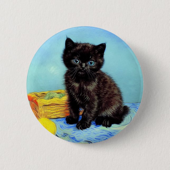 Van Gogh Black Kitten with Yarn 6 Cm Round Badge (Front)