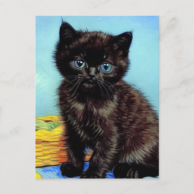 Van Gogh Black Kitten with Yarn Holiday Postcard (Front)