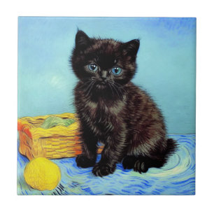Van Gogh Black Kitten with Yarn Tile