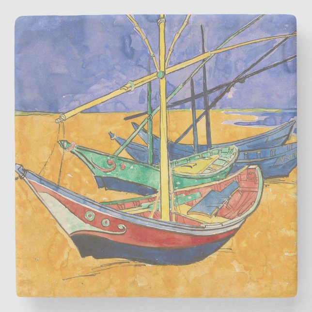 Van Gogh Boats Impressionism Beach Stone Coaster (Front)