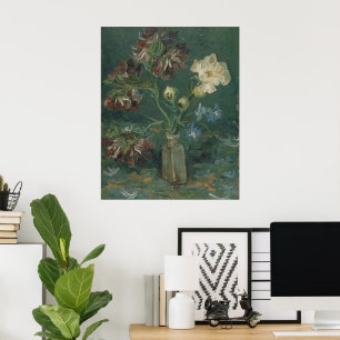 Van Gogh Bottle with Peonies & Blue Delphiniums Poster