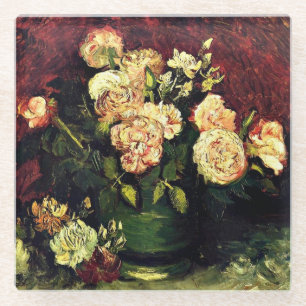 Van Gogh - Bowl with Peonies and Roses Glass Coaster